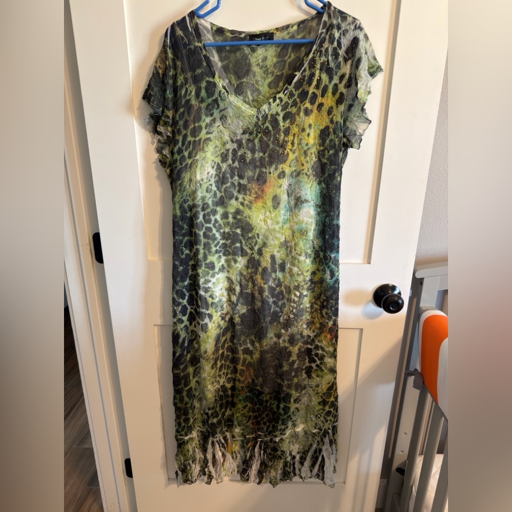 Green Leopard-Print V-Neck Maxi Dress with Fringe